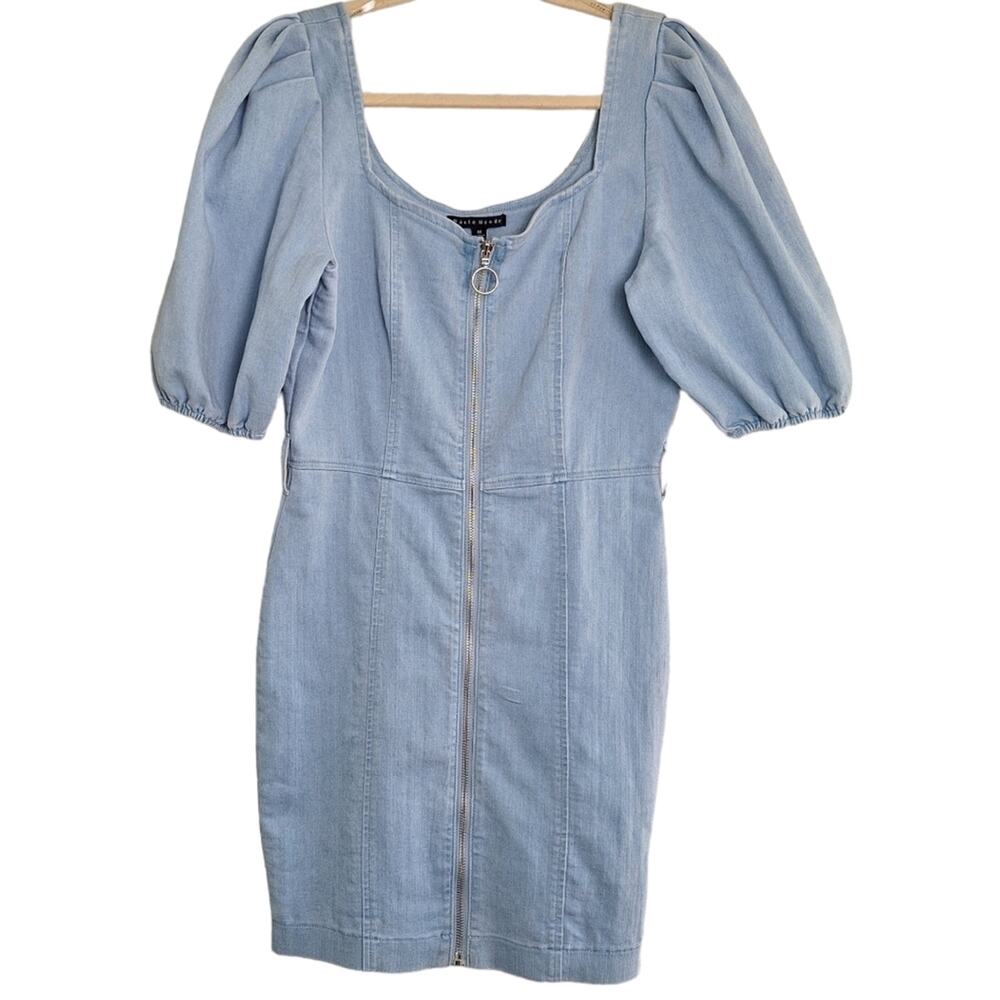 Haute Monde Denim Spring Mini Dress Front Zipper & Puff Short Sleeves M